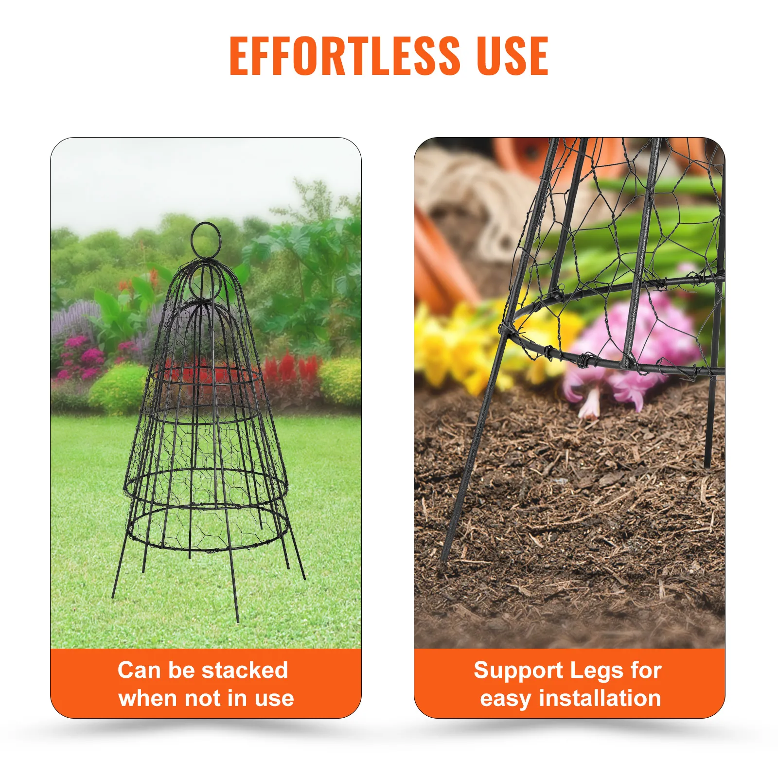 Campana de alambre para gallinero VEVOR: diseño apilable y patas de apoyo para una fácil instalación en el jardín.