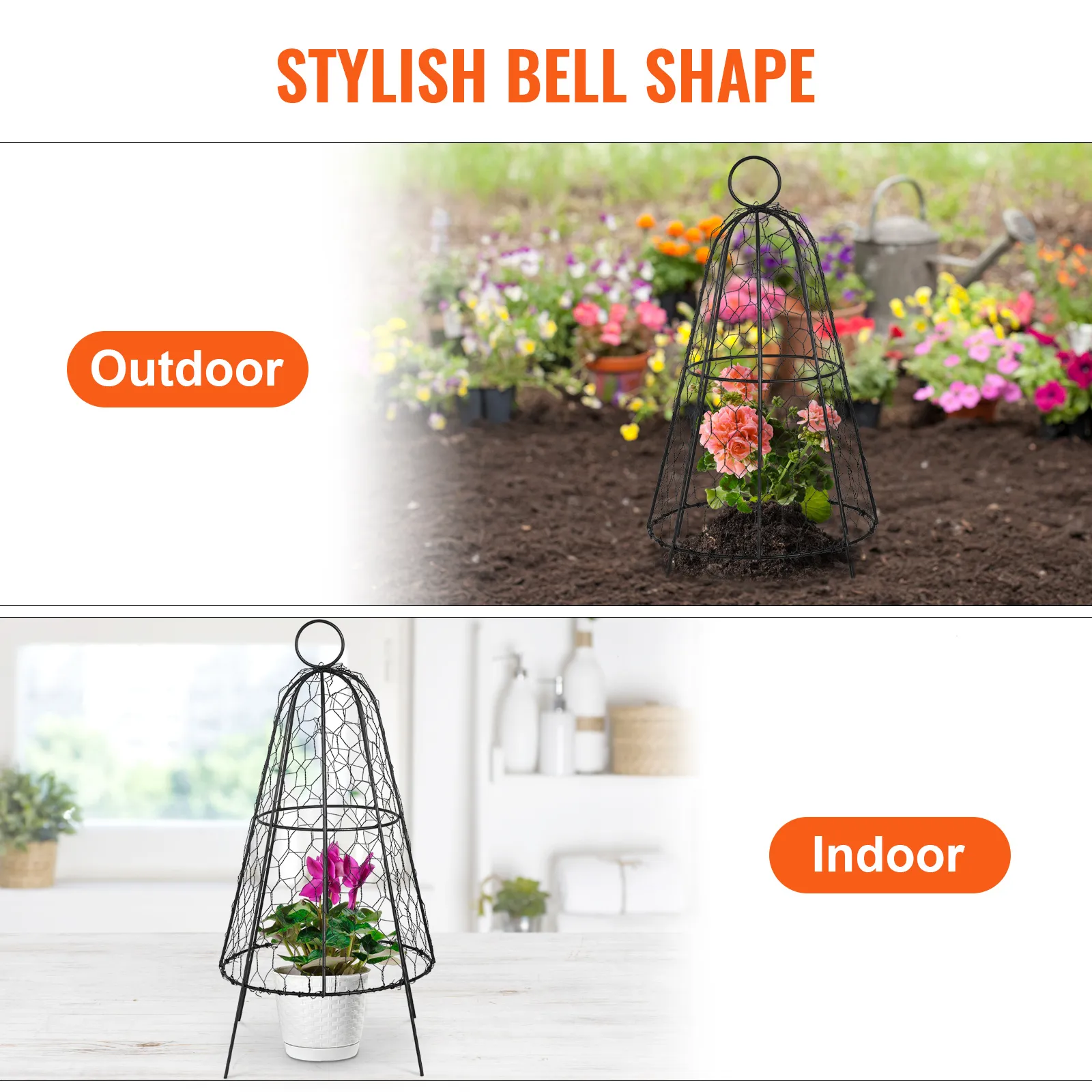 Campana de alambre de gallinero VEVOR con una elegante forma de campana para proteger las plantas, que se muestra tanto en entornos interiores como exteriores.
