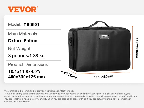 black VEVOR makeup train case tb3901 with dimensions 18.1x11.8x4.9 inches, made of oxford fabric.