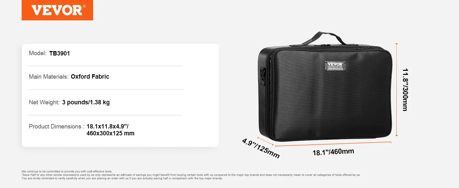black VEVOR makeup train case tb3901 with dimensions 18.1x11.8x4.9 inches, made of oxford fabric.