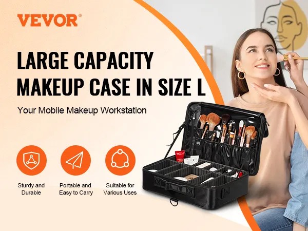 VEVOR makeup train case: large capacity, portable, durable, suitable for various uses.
