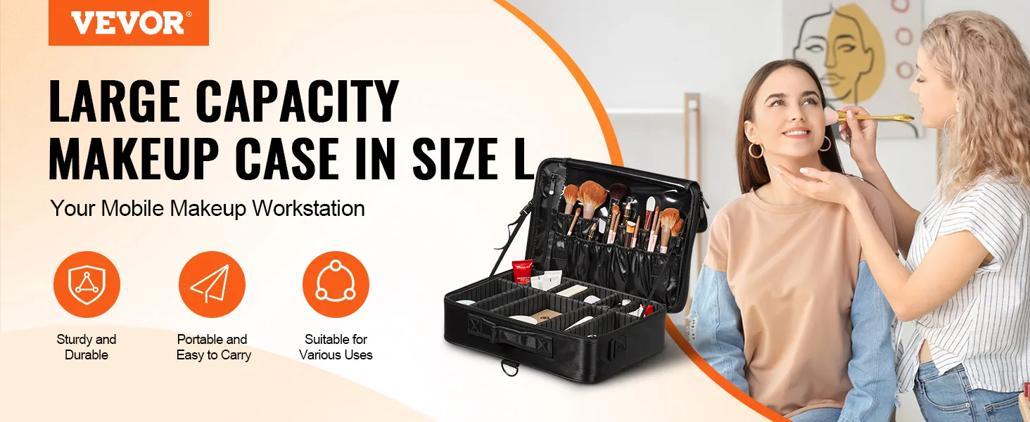 VEVOR makeup train case: large capacity, portable, durable, suitable for various uses.