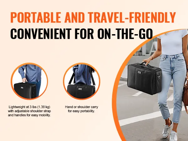 VEVOR makeup train case: lightweight, portable, adjustable shoulder strap, handles, easy to carry on-the-go.