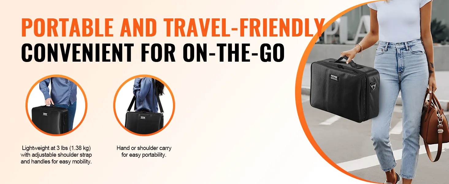 VEVOR makeup train case: lightweight, portable, adjustable shoulder strap, handles, easy to carry on-the-go.