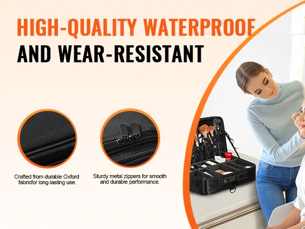 high-quality waterproof and wear-resistant VEVOR makeup train case with oxford fabric and metal zippers.