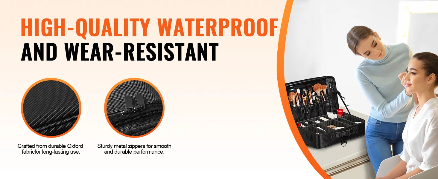 high-quality waterproof and wear-resistant VEVOR makeup train case with oxford fabric and metal zippers.