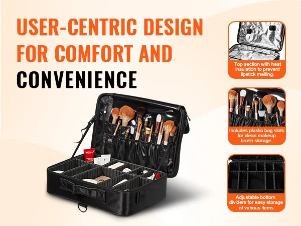 user-centric VEVOR makeup train case with insulated top, plastic brush slots, and adjustable dividers.