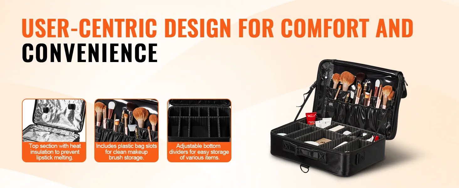 user-centric VEVOR makeup train case with insulated top, plastic brush slots, and adjustable dividers.