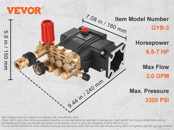 VEVOR pressure washer pump, 3300 psi, 6.5-7 hp, 3.0 gpm with mounting hardware, o-rings, and siphon tube.