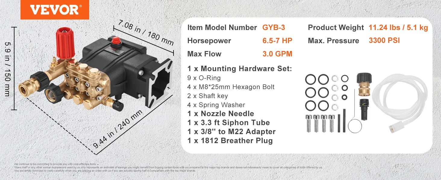 VEVOR pressure washer pump, 3300 psi, 6.5-7 hp, 3.0 gpm with mounting hardware, o-rings, and siphon tube.