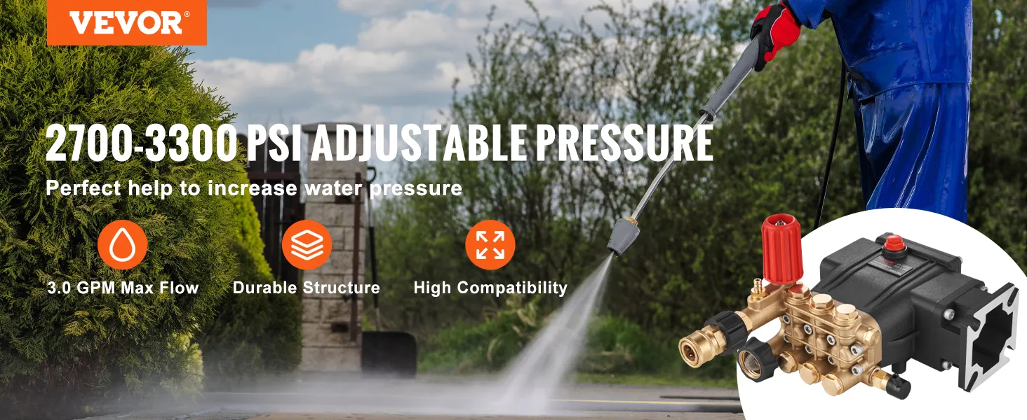 VEVOR pressure washer pump, 2700-3300 psi, 3.0 gpm max flow, durable structure, high compatibility.