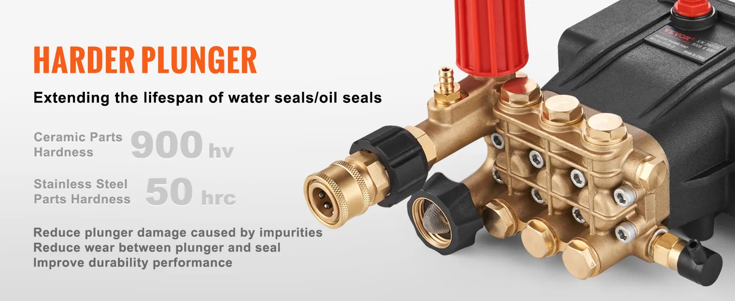 harder plunger for VEVOR pressure washer pump with ceramic and stainless steel parts for durability.