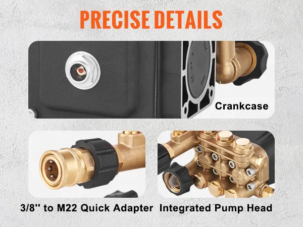 VEVOR pressure washer pump: integrated pump head, 3/8" to m22 quick adapter, crankcase with sight glass.