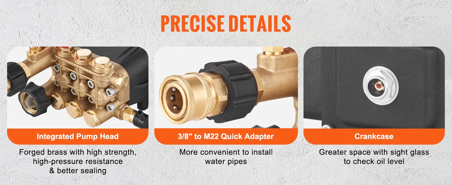 VEVOR pressure washer pump: integrated pump head, 3/8" to m22 quick adapter, crankcase with sight glass.