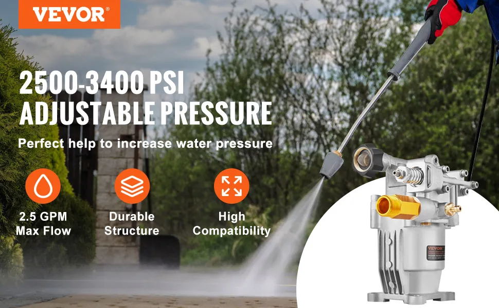 VEVOR Pressure Washer Pump, 3/4" Shaft Horizontal, 3400 PSI, 2.5 GPM, Replacement Power Washer Pumps Kit, Parts Washer Pump, Compatible with Honda, Simpson, RYOBI, Briggs & Stratton, Subaru, Craftsman