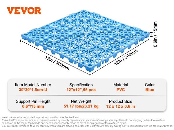 VEVOR drainage tiles, blue, 12"x12", pvc, 0.6" height, item model 30*30*1.5cm-u, 55 pcs, 23.21 kg