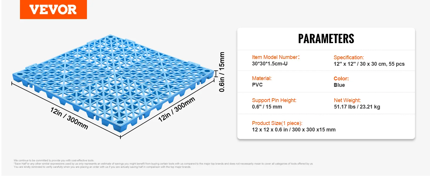 VEVOR drainage tiles, blue, 12"x12", pvc, 0.6" height, item model 30*30*1.5cm-u, 55 pcs, 23.21 kg