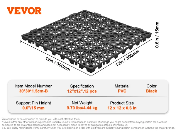 VEVOR interlocking drainage mats, 12x12in, pvc, black, 0.6in height, pack of 12, net weight 9.79 lbs.