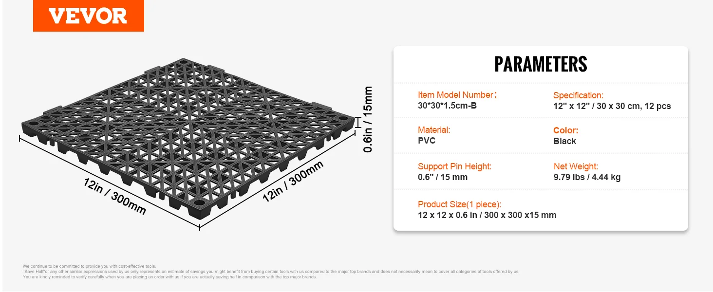 VEVOR interlocking drainage mats, 12x12in, pvc, black, 0.6in height, pack of 12, net weight 9.79 lbs.