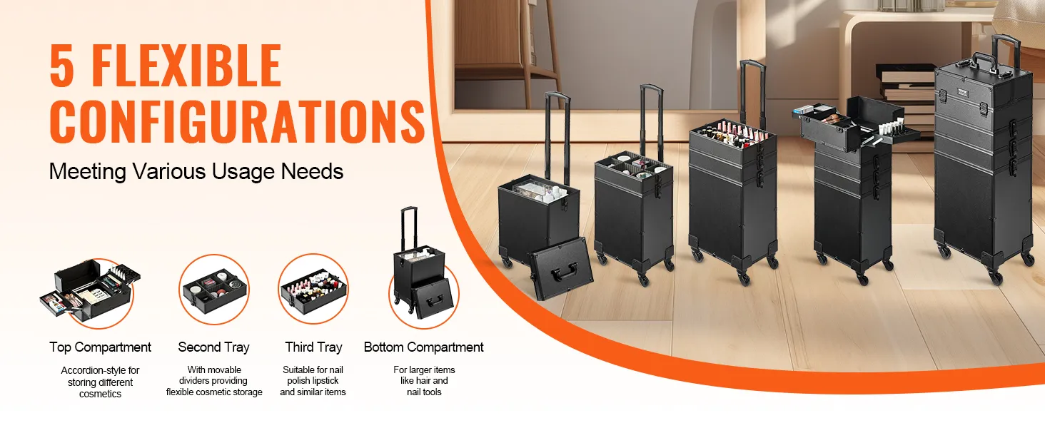 VEVOR makeup train case, 5 flexible configurations, multiple compartments for various cosmetic needs.