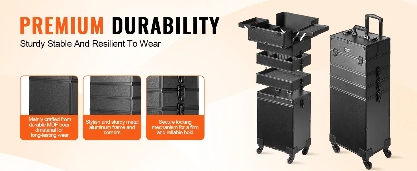 premium durability VEVOR makeup train case with metal frame, secure locks, and multiple trays.
