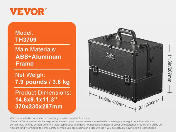 VEVOR Schminkkoffer, Modell th3709, ABS+Aluminium, 7,9 lbs, 14,6 x 9,1 x 11,3 Zoll, schwarz.