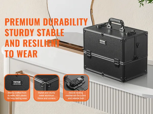VEVOR-Schminkkoffer auf weißem Schminktisch mit robuster Konstruktion, sicherem Verschluss und stilvollem Metall-Aluminium-Rahmen.