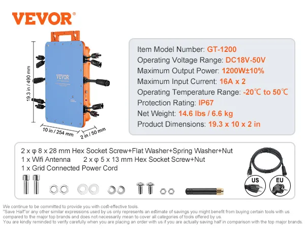Mikroinwerter sieciowy VEVOR solar grid tie gt-1200, ip67, maks. 1200 W, wymiary 19,3 x 10 x 2 cale, akcesoria w zestawie.