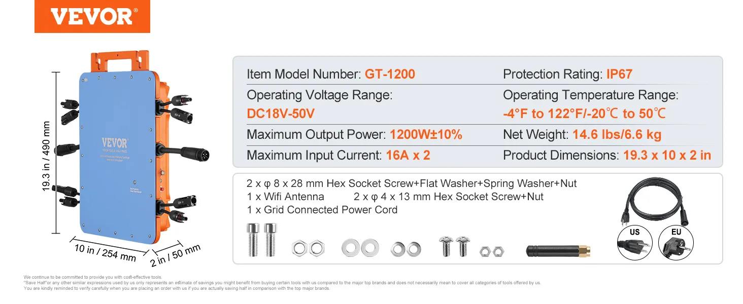 Mikroinwerter sieciowy VEVOR solar grid tie gt-1200, ip67, maks. 1200 W, wymiary 19,3 x 10 x 2 cale, akcesoria w zestawie.