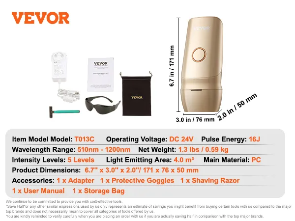 VEVOR ipl ontharingsapparaat t013c met accessoires: adapter, bril, scheermes, handleiding en opbergtas.