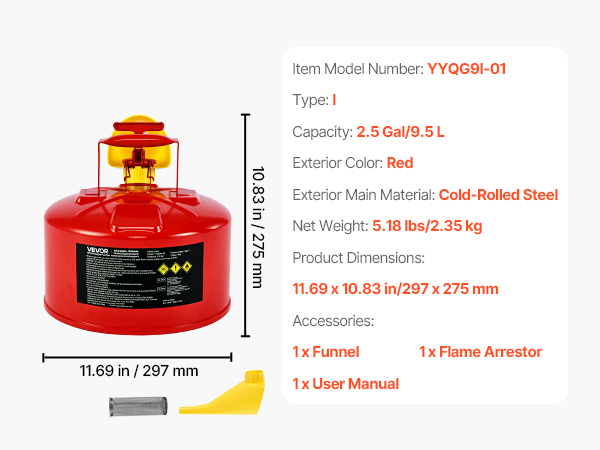 VEVOR Safety Gas Can, 2.5 Gallon Type I Red Safety Can for