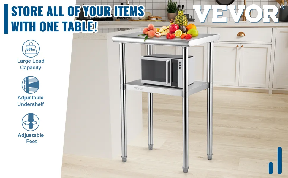 VEVOR stainless steel prep table with adjustable undershelf, large load capacity, and nsf certification.