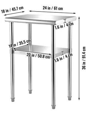 VEVOR stainless steel prep table, 36 in height, sturdy with a lower shelf, perfect for kitchen use.
