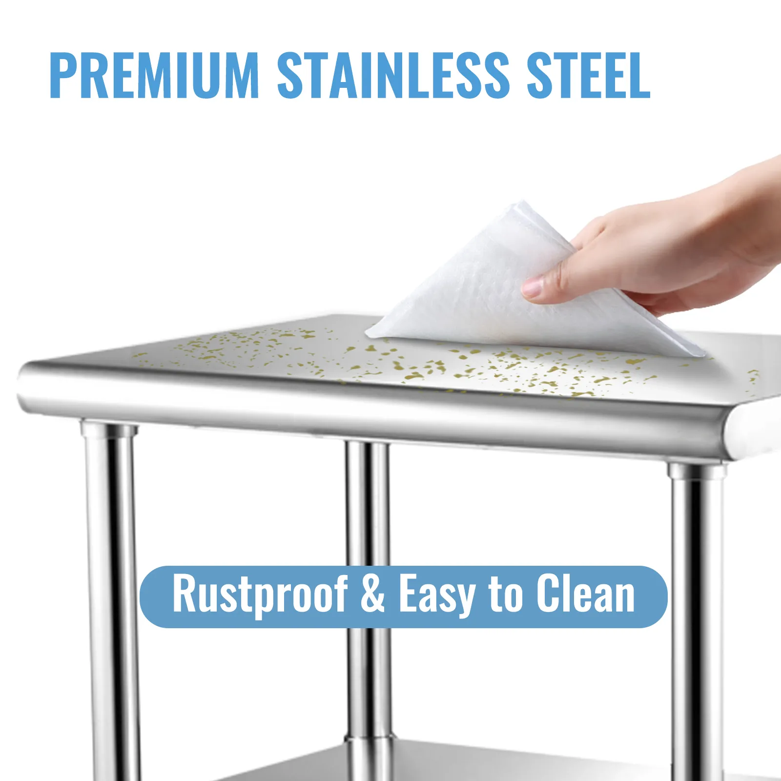 VEVOR stainless steel prep table being wiped clean, showcasing its rustproof and easy-to-clean surface.