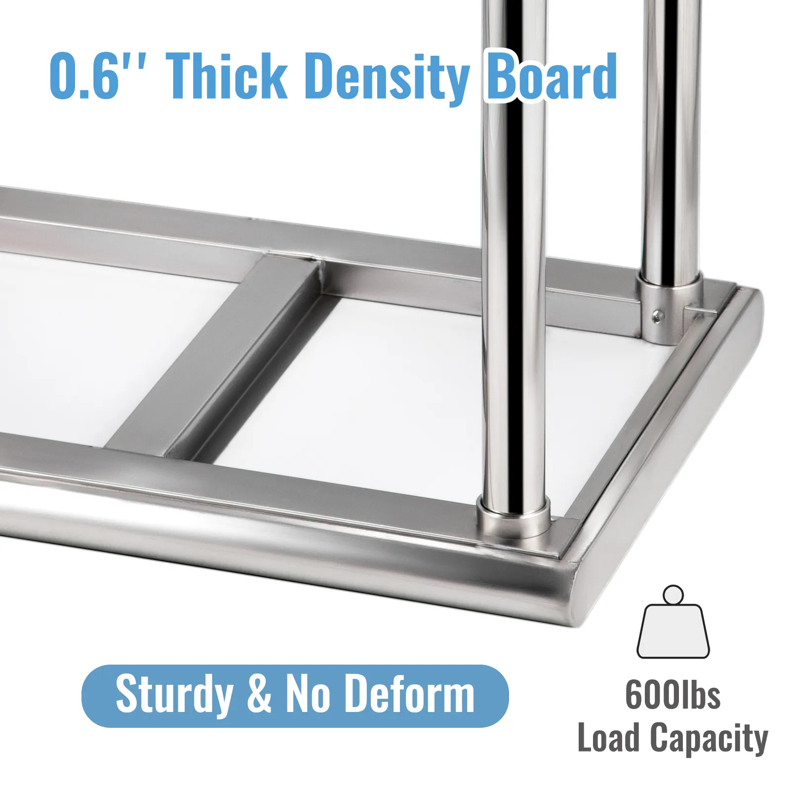 VEVOR stainless steel prep table with 0.6" thick density board, 600 lbs load capacity, sturdy & no deform.