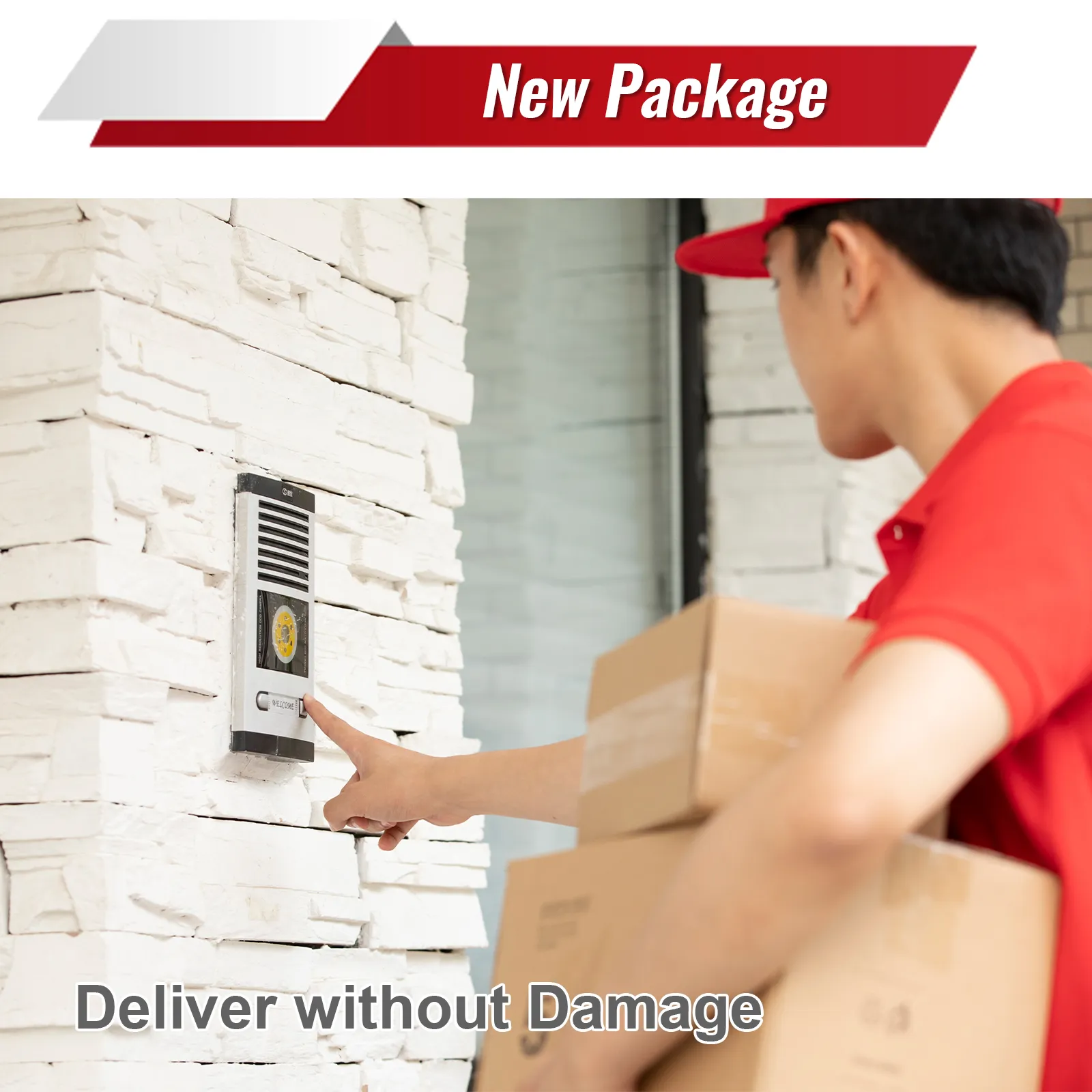 delivery worker in red uniform pressing intercom button while holding packages. "new package, deliver without damage" text.