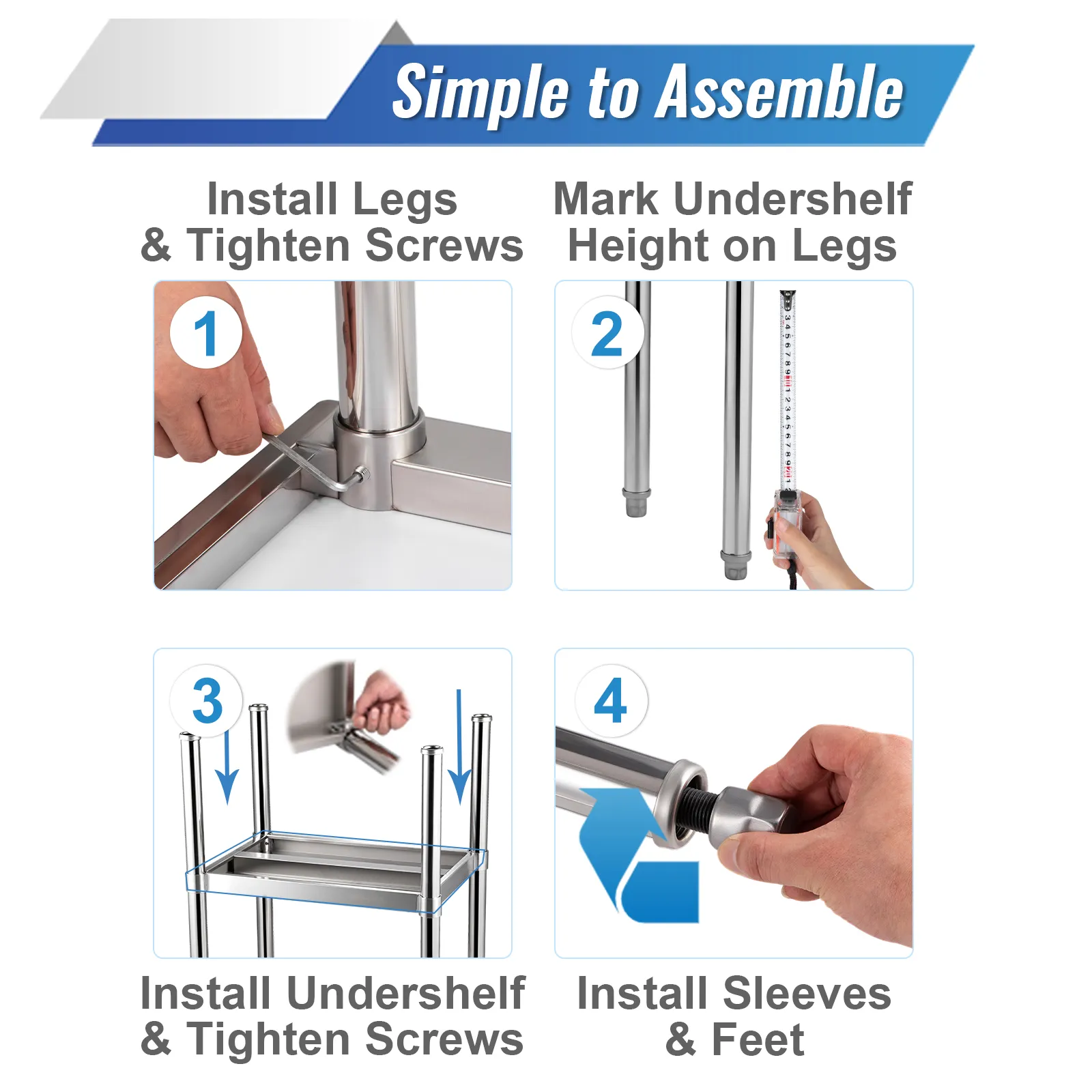 simple assembly guide for VEVOR stainless steel prep table, including steps for legs, undershelf, screws, and feet.