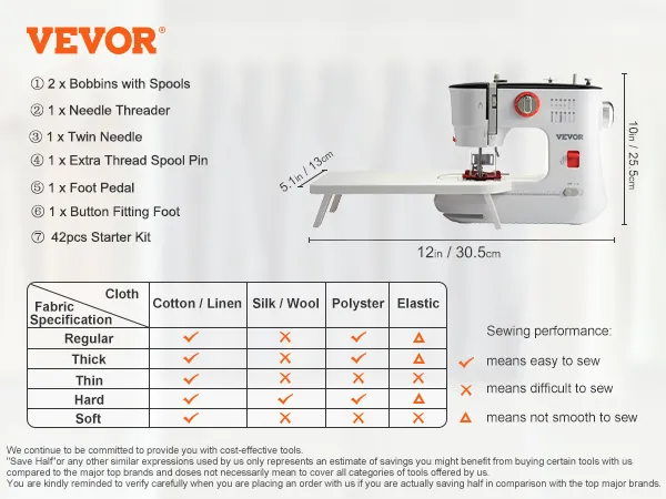 Máquina de coser portátil VEVOR con accesorios, tabla de compatibilidad de telas y dimensiones del producto mostradas.