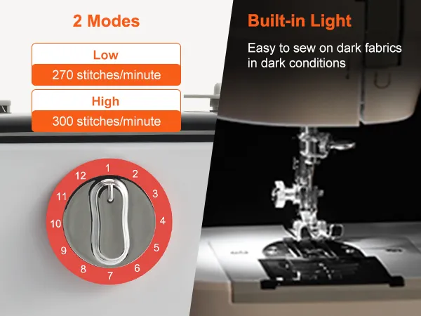Máquina de coser portátil VEVOR con 2 modos (bajo y alto) y luz incorporada para telas oscuras.