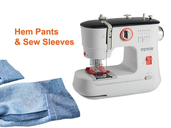 Máquina de coser portátil VEVOR para hacer dobladillos en pantalones y coser mangas con tela vaquera y texto naranja.