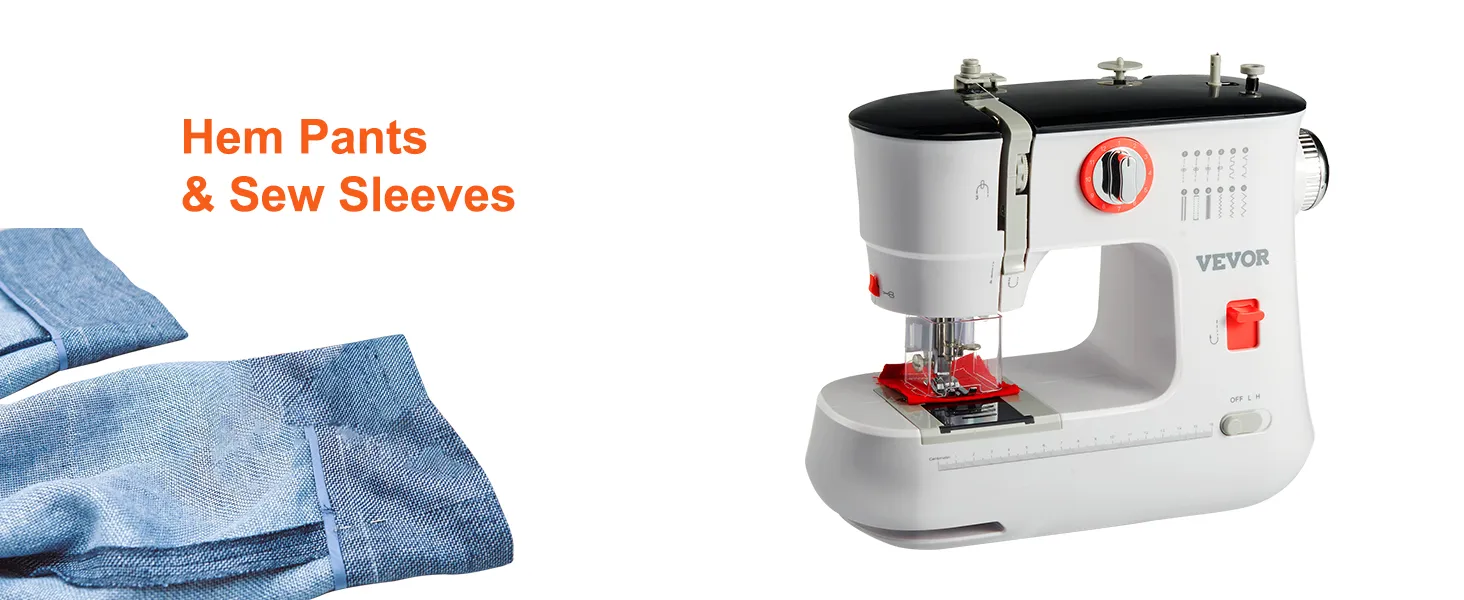 Máquina de coser portátil VEVOR para hacer dobladillos en pantalones y coser mangas con tela vaquera y texto naranja.