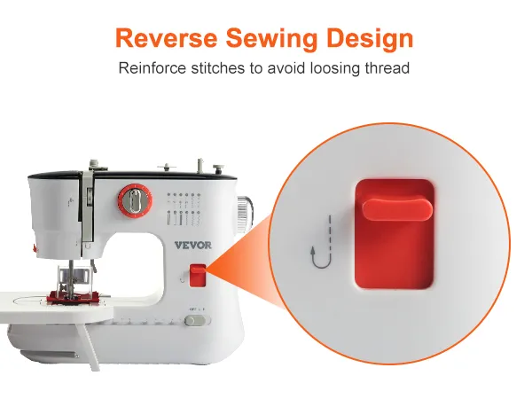 Máquina de coser portátil VEVOR con diseño de costura inversa para reforzar las puntadas.