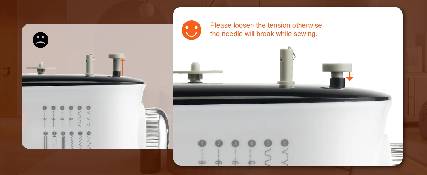 Instrucciones sobre cómo ajustar la tensión de la máquina de coser portátil VEVOR para evitar la rotura de la aguja.