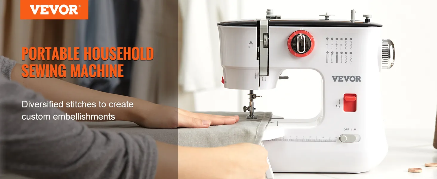 Máquina de coser portátil VEVOR: opciones de puntada diversificadas para adornos personalizados.