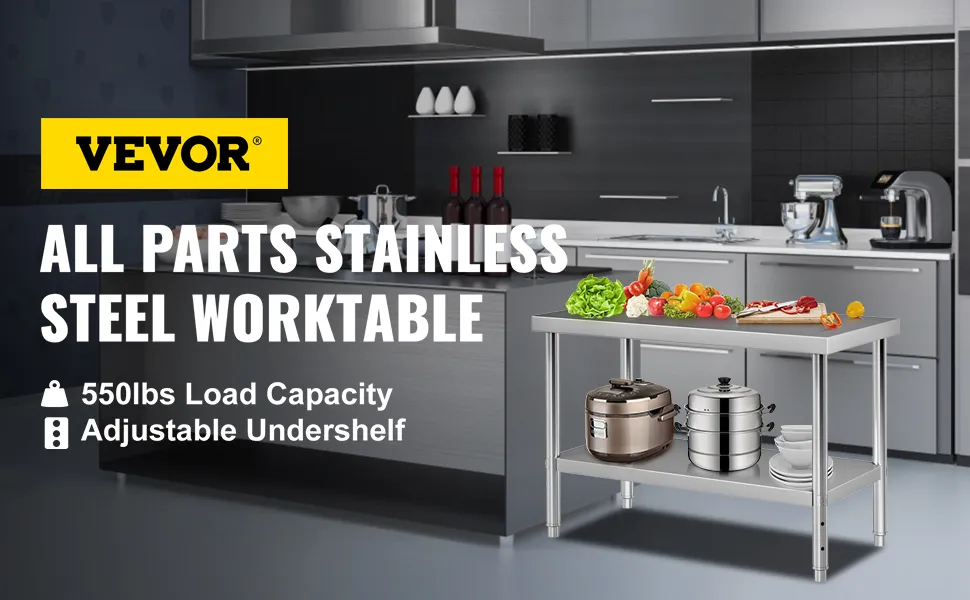 VEVOR stainless steel prep table in a modern kitchen with vegetables, cookware, and an adjustable undershelf.