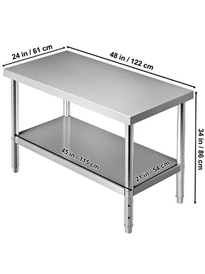 VEVOR stainless steel prep table with undershelf, dimensions: 48"x24"x34".