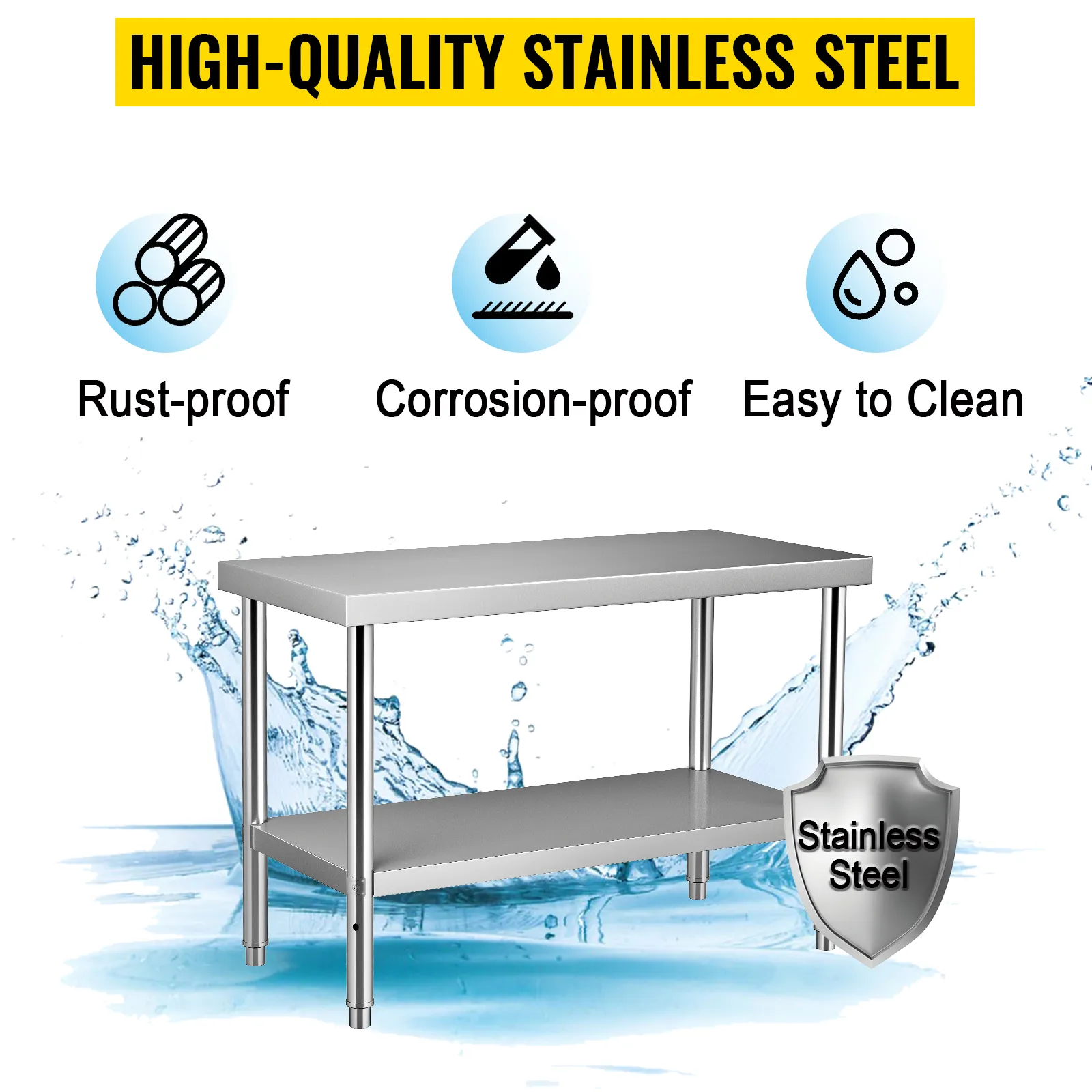 VEVOR stainless steel prep table, rust-proof, corrosion-proof, and easy to clean, with water splash.