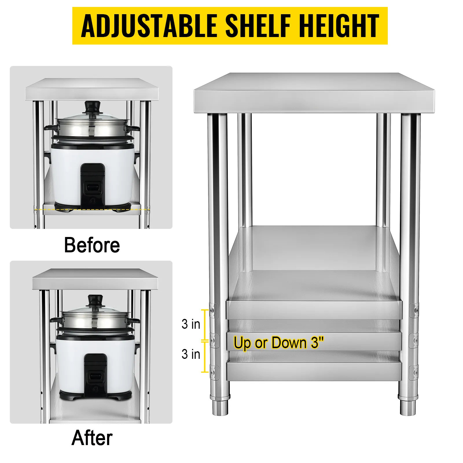 VEVOR stainless steel prep table with adjustable shelf height, showcasing before and after examples.