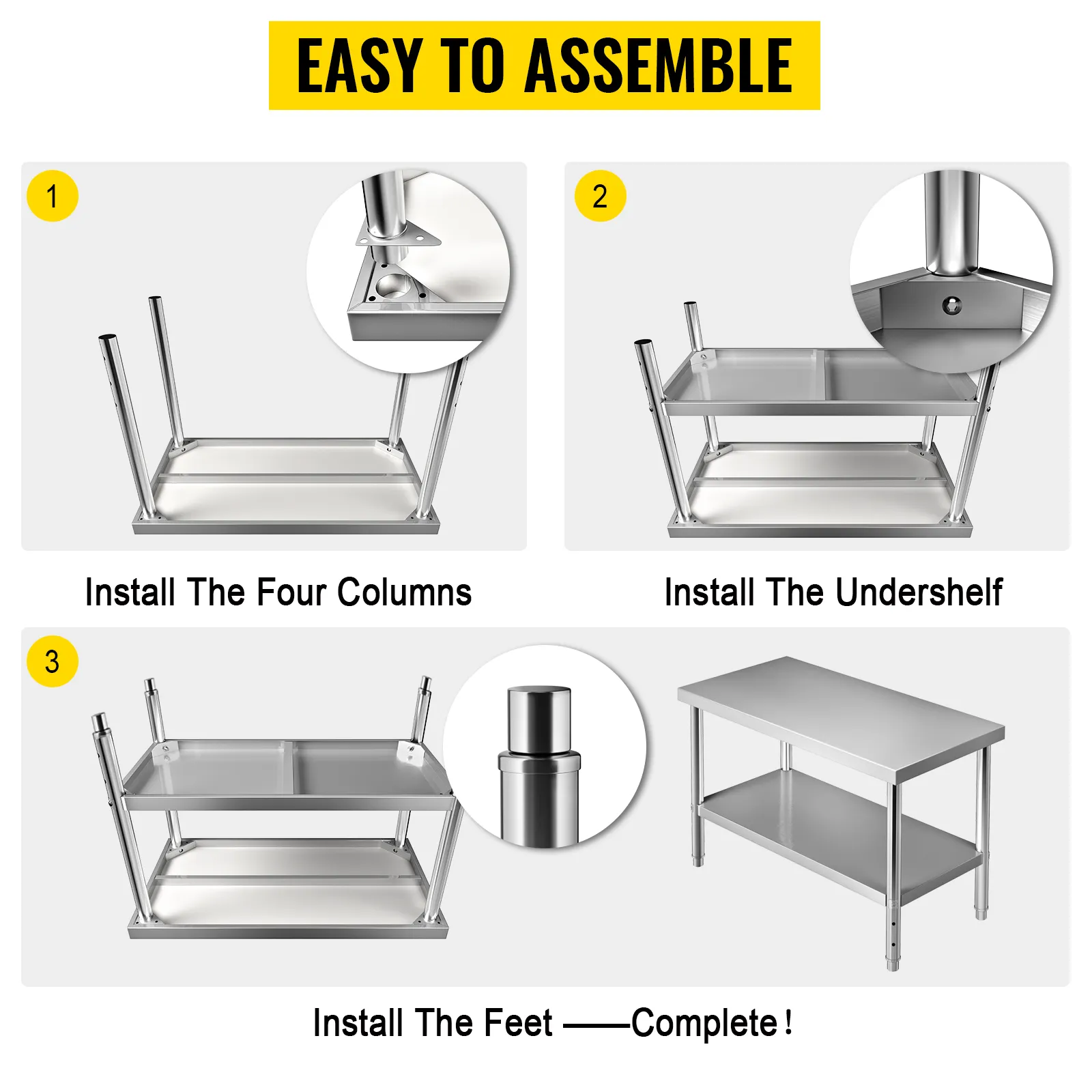 easy assembly steps for VEVOR stainless steel prep table: install columns, undershelf, and feet. complete!
