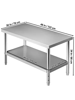 VEVOR stainless steel prep table with adjustable undershelf, dimensions labeled.